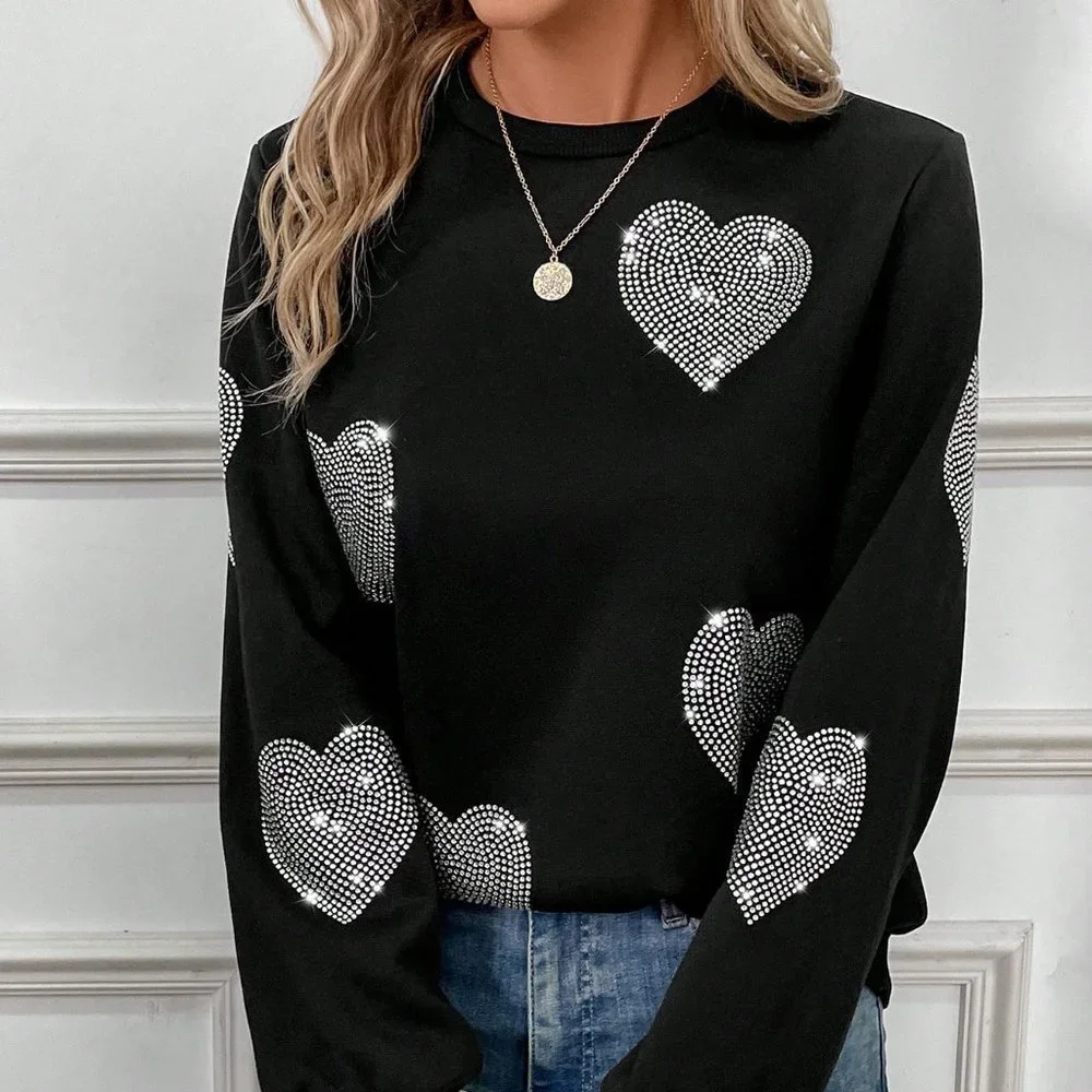 Black Casual Womens Rhinestone Decor Heart Pattern Crew Neck Sweatshirt - Picture 5 of 5